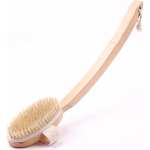 Home Bathroom Bath Supplies Boar Bristle Bath Brush Dry Skin Body Brush with Removable Bent Wood Handle LX8334
