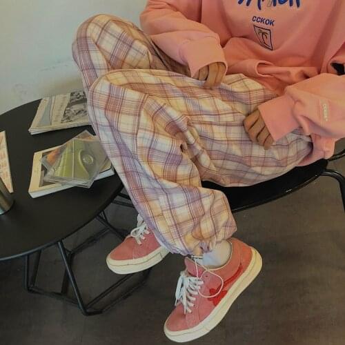Japanese plaid pants punk plus size Harajuku hip-hop fun female kawaii leggings fashion casual loose streetwear Ulzzang trousers
