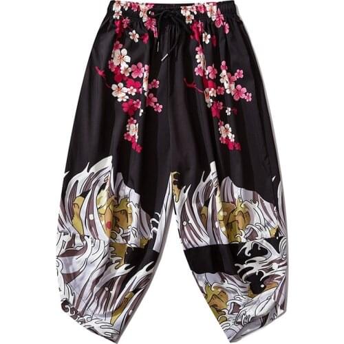 Japanese Crane Sakura Kimono Thin Traditional Pants Men Asian Clothing Elastic Waist Pant Loose Trousers Cosplay V2068