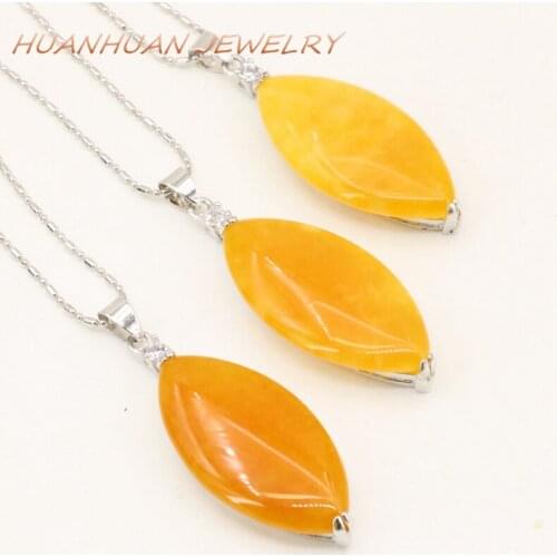 Yellow Natural Stone Chalcedony Pendant Chain For Women Jades 18x46mm Marquise Necklace & Pendants Stainless Steel Jewelry B3362