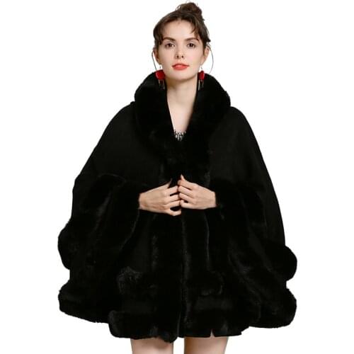 Grey Black 2020 Women Two Layer Faux Fox Fur Poncho With Hat Big Pendulum Cape Out Street Cardigan Winter Cloak Warm Thick Coat