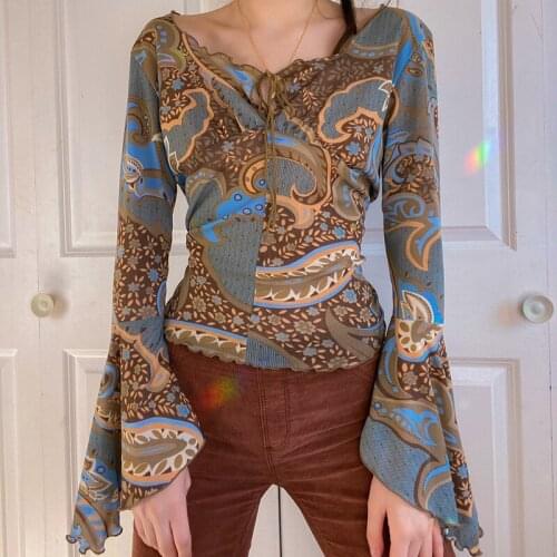 Womens T-Shirt Y2K Vintage Printing Graphic T Shirts 90s Aesthetic Fairy Clothes Women Flared Long Sleeve Tops Fall 2021 New