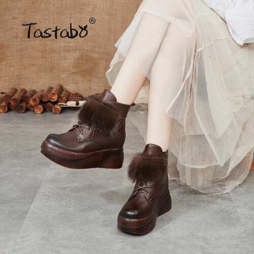 Tastabo The New Genuine Leather nude boots Leisure style Wild Lace Up Womens Boots S66701 Black Brown Platform Martin boots