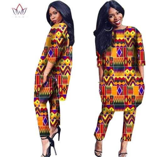 African Clothes Two Pieces Set Threee Quarter Sleeve Outwear Women Shirt Dress and Long Pants with Pocket Plus Size 6XL WY1091