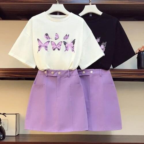 2021Fashion half-length skirt suit female plus size summer new style Korean butterfly print T-shirt half skirt two-piece suit