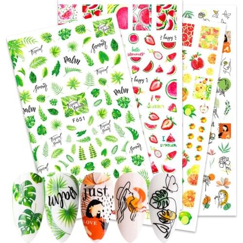 1 Pcs Summer Fruits leaves Nail Sticker 3D Self Adhesive Decal Watermelon Strawberry Flower Cartoon Nail Slider Tip Manicure New
