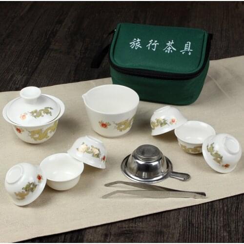 11 Pcs Travel Tea Sets Chinese Portable Ceramic Bone China Gaiwan Teacup Porcelain Tea Cup The Kung Fu Travel Tea Set Bag
