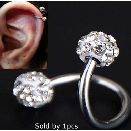 1p Stainless Steel Crystal Twist Spiral Tragus Helix Cartilage Piercing 16G