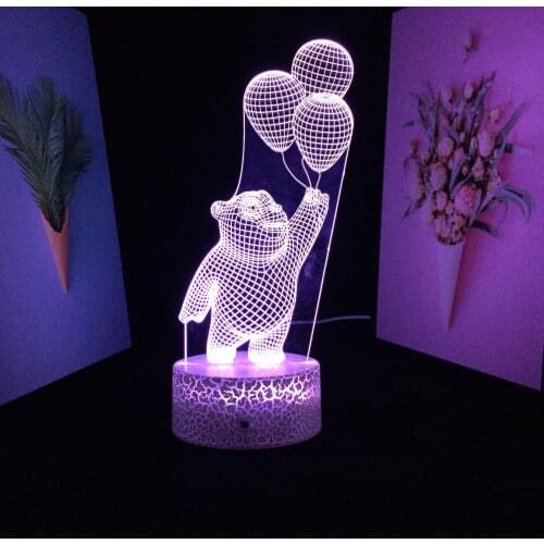 3D LED Lamp Animal Series Cute Little Bear Holding Three Balloons Acrylic Light Guide Plate for Children Festival Birthday Gifts
