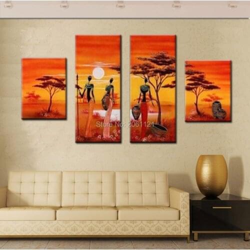 4 panels hand painting abstract africa women life canvas wall picture orange yellow decorative landscaping mural painting