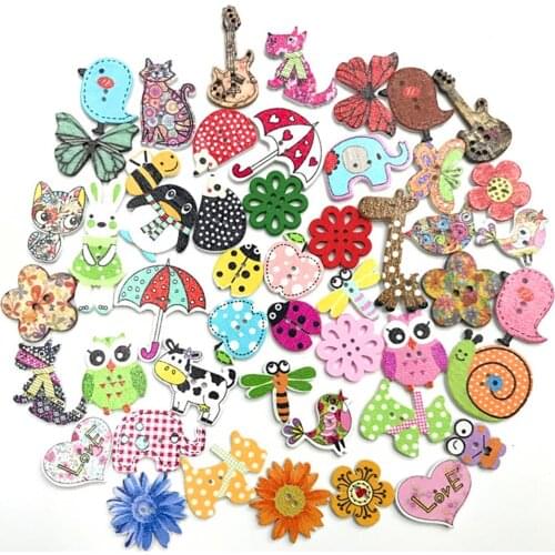 50pcs Mixed Color Wooden Cartoon Animal Buttons 2 Holes Sewing Button Craft DIY