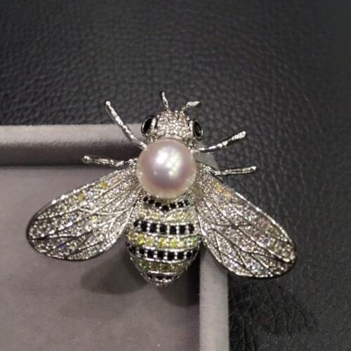 8-9MM natural sea water pearl brooch pins akoya pearl copper with cubic zircon bee brooch pendant double use fashion jewelry