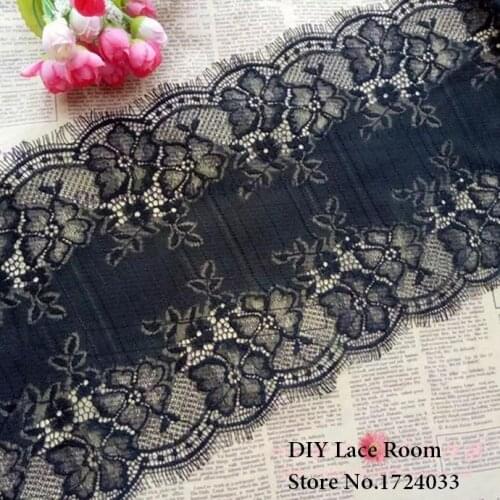 Free Shipping 20cm, 3meter (1pcs=1.5m)/lot Super Wide French Delicate Black Elastic Lace Swiss Eyelash Trim Wedding X016