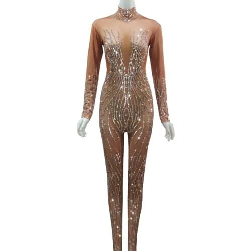 Shining Silver Rhinestones Nude Jumpsuit Women Sexy Performance Bodysuit Female Rompers Stage Wear Dance Wear Nightclub Outfits
