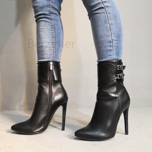 BERZIMER FASHION Ankle Boots for Women Side Zip Stiletto Heels Booties Zapatos Mujer Ladies Shoes Woman Large Size 45 47