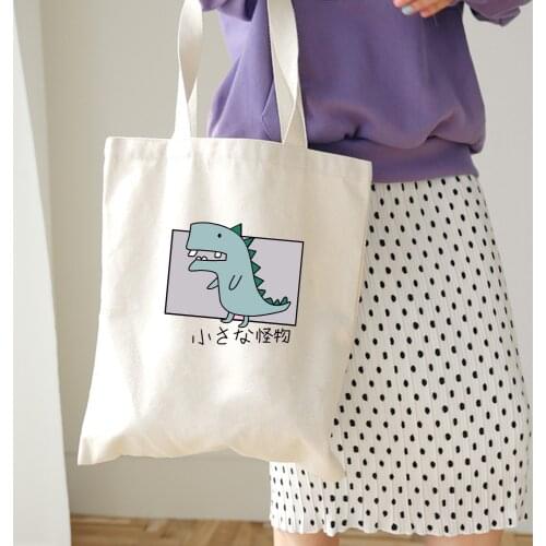 Animal Cartoon Dinosaur Print Canvas Bag Large Closure Unisex Tote Bags Shopping Bag Shoulder Bag Reuse Foldable Kawaii