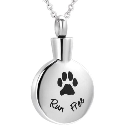 IJD7707 Run Free with Paw Print Round Stainless Steel Cremation Pendant Keepsake Necklace Ashes Urn for Pet Memorial Jewelry