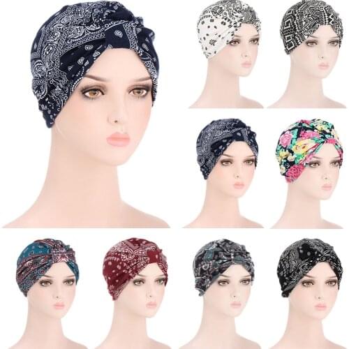 Indian Turban Women Muslim Beanie Bonnet Chemo Cap Cancer Hat African Print Hair Loss Cover Hijab Head Wrap Scarf Headwear Caps