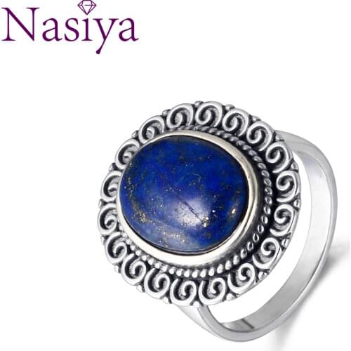 Nasiya Big Trendy Oval Blue Lapis Engagement Rings For Women Antique 925 Sterling Silver Jewelry Anniversary Wedding Party Gift