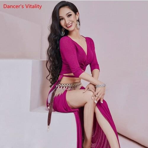 Belly Dance Suit Bandage Sequins Top Long Skirt Practice Clothes Set Female Adult Temperament Performance Clothing
