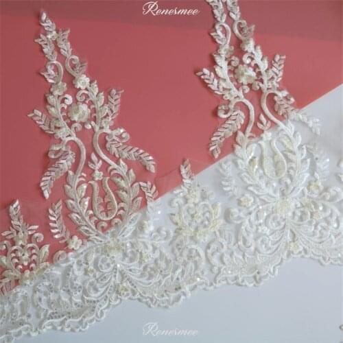 3Yards Ivory mix Champagne Sequins Wide Polyester Embroidery Lace Trim for Bridal Wedding Gown Tail Costume Design 52cm SX307