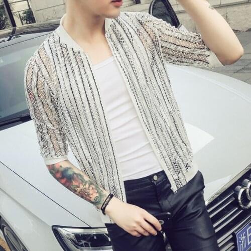 Summer Sun Protection Clothing Bomber Jacket 2021 Fashion Striped Thin Jackets Men Plus Size Half Sleeve Casual Hollow Men Coats