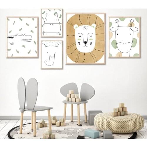Lion Giraffe Elephant Line Animals Nursery Wall Art Canvas Painting Nordic Posters And Prints Wall Pictures Baby Kids Room Decor