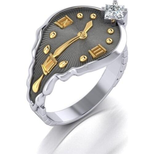 FFLACELL New Fashion Punk Vintage Two-color Clock Inlaid Zircon Ring Men And Women Party Jewelry Gifts