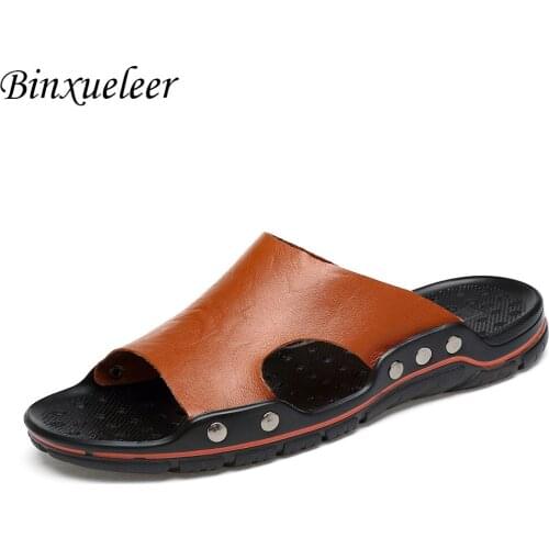 Men Slipper Sandals Leather Shoes Beach Slippers Flip Flops Sandalet Mens Sandals Summer Shoes Open Toe Leather Slides