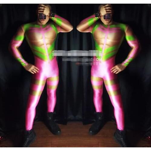 Nightclub Bar male DJ hollow out stage Costumes Mens Fluorescence Muscle Jumpsuits party show performance wear