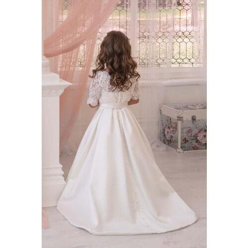 Formal Kids Flower Girl Dress for Wedding Half Sleeve Lace Ivory Satin Children First Communion Princess Gown Vestidos De Nina