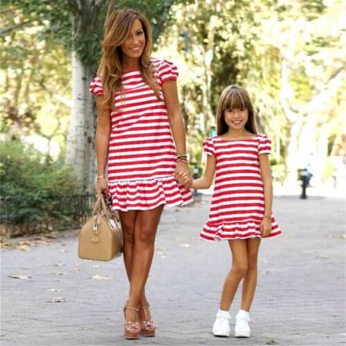 Family Look Mom And Daughter Dress Striped Short Sleeve Mini Dresses For Mommy And Me Summer Beach Dress Mother Daughter Dresses
