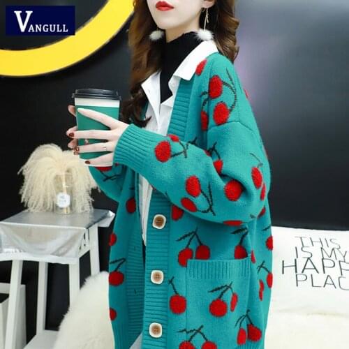 Vangull Fruit Printting Knitted Women Sweater Cardigans Single Breasted Long Sleeve Cardigans Korean Style Loose Sweater Tops