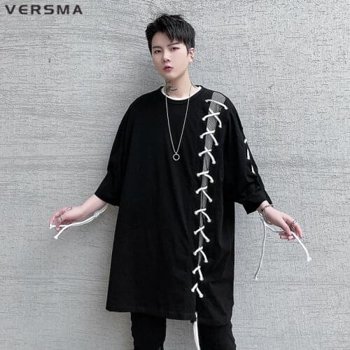 VERSMA Korean Harajuku INS Ribbon Patchwork Vintage T-shirt Men Hip Hop Streetwear Oversized Gothic Chic Tshirt Men Dropshipping