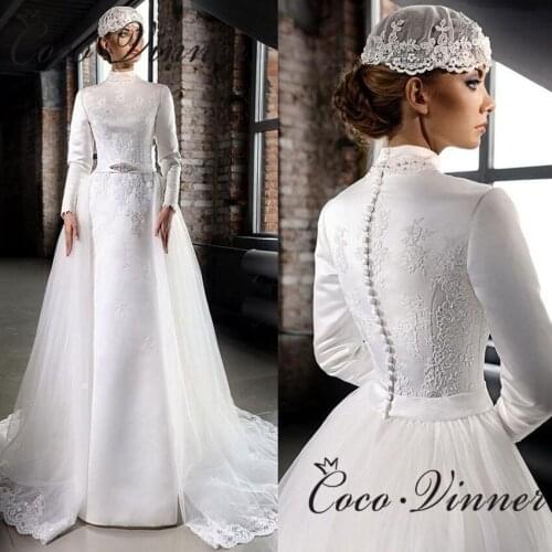 Vintage 2 in 1 Muslim Wedding Dress New Lace Appliques Satin Mermaid Wedding Dresses With Tulle Detachable Train W0529