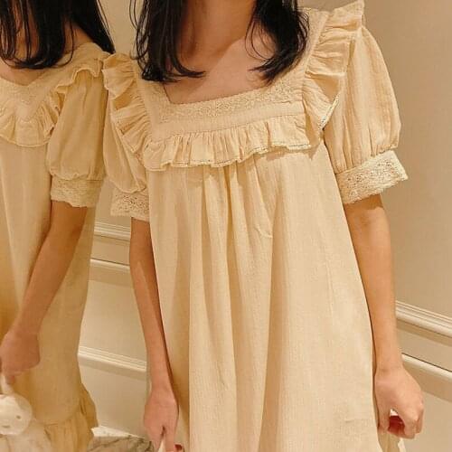 Pure Cotton Vintage Long Nightgowns Women Summer Peignoir Kawaii Lace Victorian Night Dress Fairy Romantic Princess Sleepwear