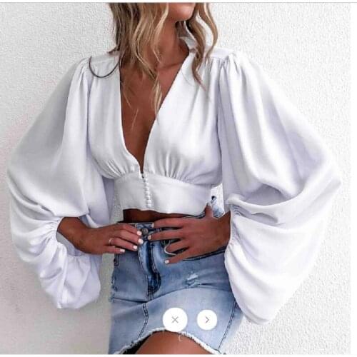 Women Fashion Sexy Deep V Neck Puff Long Sleeve Blouse Folds Tops Autumn Spring Solid Color Cropped Tops