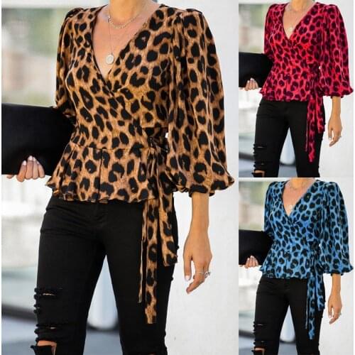 2021 Autumn Women Blouses Elegant Office Tunic Shirt Sexy Deep V-Neck Leopard Print Belted Fashion Tops Ruffles Blusas Femininas