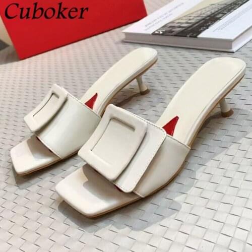 Square Toe Summer Women Kitten Heel Brand Runway Square Button Decor Ladies Slides Heart Print Mules Dress Shoes Women Mujer