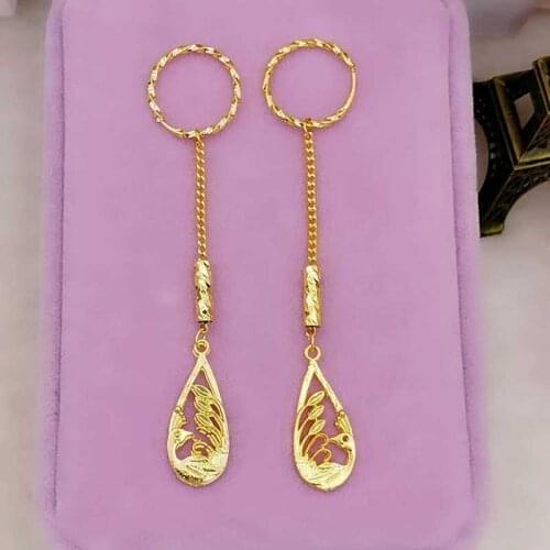 24k Gold Filled Animal Drop Earrings for Women Fashion Pure Gold Color Peacock Shape Long Earings Brinco Wedding Jewelry Gifts