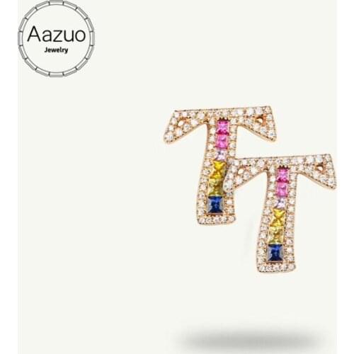 Aazuo 18K Jewelry Rose Gold Natural Coloured Gemstone Real Diamond Initial Lucky 26 Letters Stud Earring gifted for Women Au750