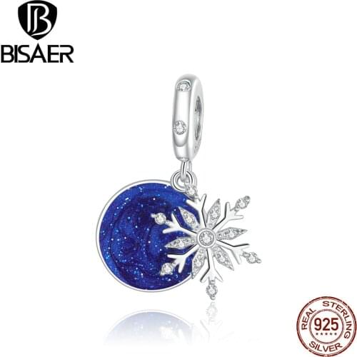 BISAER Brand Snowflake Beads 925 Sterling Silver Snowy Blue Sky Charms Fit BSR Charms Silver 95 Original Bracelet Jewelry EFC367