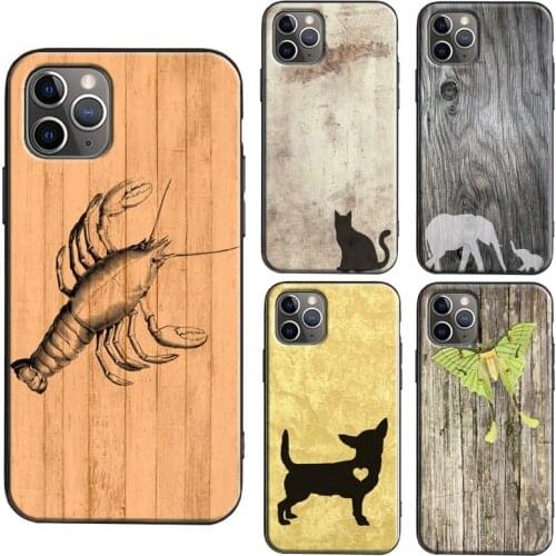 Wood Printed Animal Butterfly Lobster TPU Case For iPhone XR X XS Max 11 12 Pro Max mini 6S 7 8 Plus SE 2020 Cover Coque