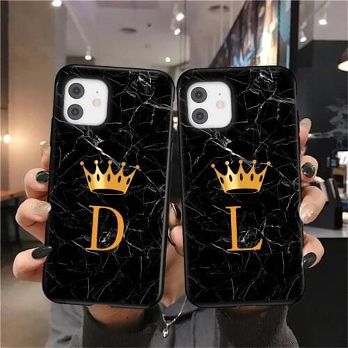 Golden English Initials Crown Phone Case For iphone 12 11 Pro Max Mini X XS Max XR 8 7 Plus SE 2020 Black Matte Silicone Cover