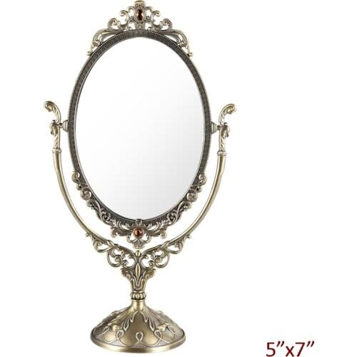 European Antique Brass Pewter With Amber Stones Jeweled 5x7 inches Double-sided x1 Metal Tabletop Swing Cosmetic Mirror Silver
