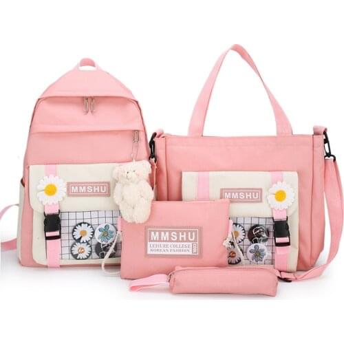 4Pcs/set Canvas School Bags for Teenage Girls Preppy Style Laptop Backpacks Women Bookbags College Travel Backpack Female 2021