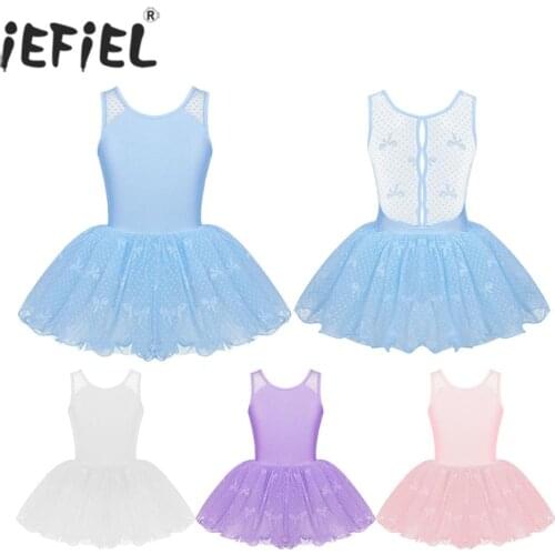IEFiEL Kids Teen Figure Skating Dress Floral Lace Back Professional Ballet Tutu Dress Dancewear Gymnastics Leotard Tutu Costumes