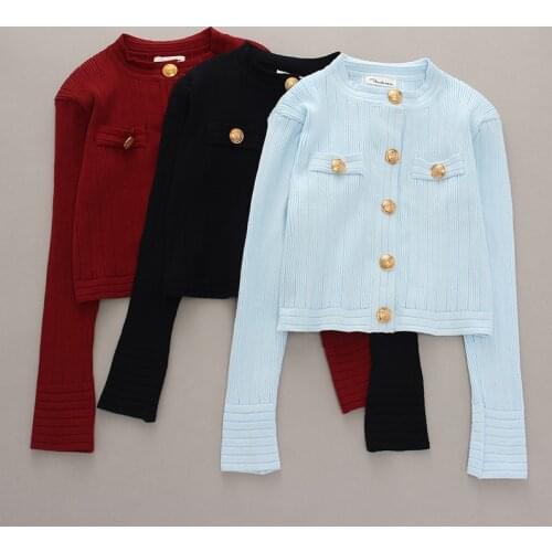 Brand Fashion Women High Luxury Autumn Winter Elegant Copper Button Long-Sleeved Knitted Cardigan Sweater Jacket Coat