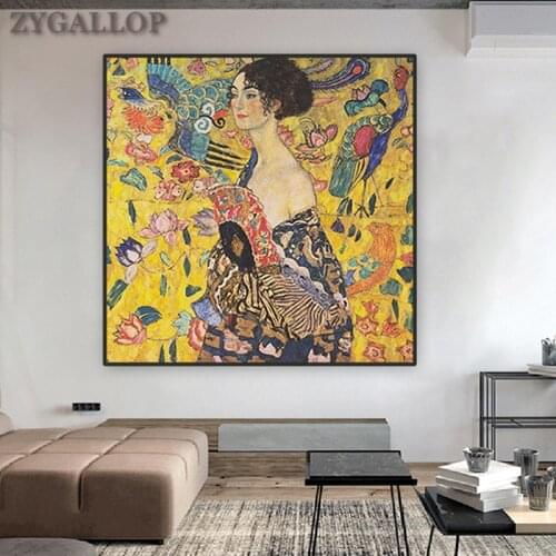Canvas Print Klimts Oil Painting-Lady with Fan Modern Home Decor Wall Poster Austria Classic Famous Painting Wall Art Pictures
