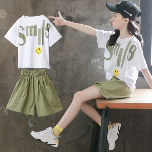 Girls Suits 2021 Casual Childrens Clothing Summer Kids Short Sleeve Sports Shorts 4-12 Year Old